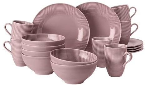 Seltmann Weiden Beat Color Glaze Frühstücksservice 18-teilig – Henkelbecher, Müslischalen und Frühstücksteller für 6 Personen – Porzellangeschirr mit Rillenrelief, Spülmaschinenfest – Altrosa