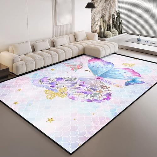 HOSIMA Teppich Mit Farbverlauf und Schmetterlingsblumen-Aufdruck,Weiche,rutschfeste Unterseite,Kurze Teppiche für Kinderzimmer,Küche,Schlafzimmer,Kurzflorige,Flauschige Matte(100 * 150)