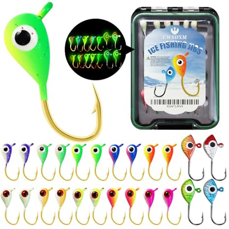 CWSDXM Ice Fishing Lures Kit, 24pcs Micro Bright Jig Heads for Panfish, Crappie, Walleye, Perch, Trout, Bluegill Ice Fishing Hooks Set with Waterproof Tackle Box