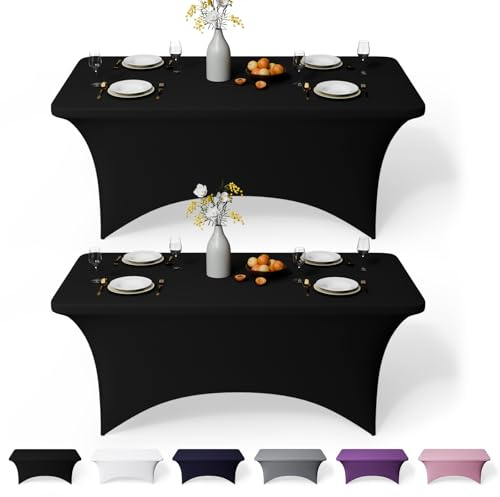 GFCC 6FT Spandex Table Covers 2 Pack, Black Fitted Table Cloth | Machine Washable, Wrinkle Resistant, Easy Care, Rectangular Stretch Tablecloth for Party Wedding Banquet Events Home Dining