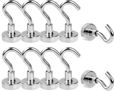 Hominas Magnethaken für Zuhause und Küche, 8 kg Extra Stark Magnet Haken 10 Stück 16 mm Magnetische Haken mit Neodym Silber für Camping Grill, Büro Outdoor und Kreuzfahrt Zubehör