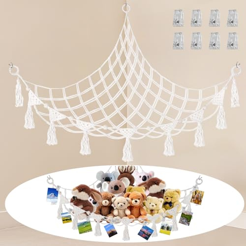 YiyouYi Teddy Hammocks, Teddy Storage with 8 Photo Folders, Boho Style Toy Hammock for Stuffed Animals, Hand-Woven Teddy Net, Suitable for Family Soft Toy Storagek, 39.4*39.4*59.1 (white)