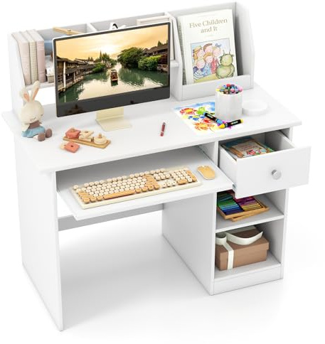 FANTASK Klein Schreibtisch mit Schubladen, Kinderschreibtisch Holz mit Tastaturablage & Bücherregal, Schülerschreibtisch für Kinder ab 3 Jahren, 90 x 45 x 90 cm (Weiß)