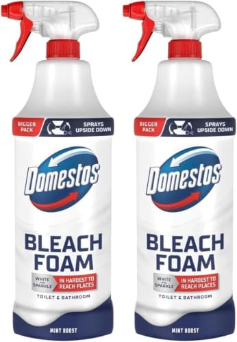 Domestos Mint Boost Bleach Foam sprays upside down for a sparkling clean even in the hardest-to-reach places 450 ml (Pack of 2)
