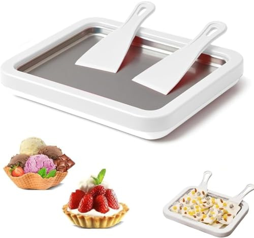 Rolled Ice Cream Maker Kit, At-Home Rolled Ice Cream Tray with 2 Scrapers, DIY Homemade Rolled Ice Cream Machine, Instant Easy Bake Ice Cream Maker for Kids, Families and Parties (White)