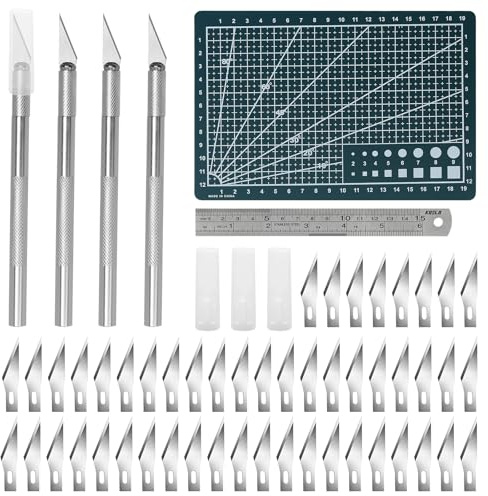 Set da 56 Pezzi per Bricolage con Bisturi, 4 Bisturi con 50 Lame di Ricambio, Righello e Tappetino da Taglio A5, Coltelli da Bricolage per Lavori Fai Da Te, Scrapbooking e Pellicole Protettive