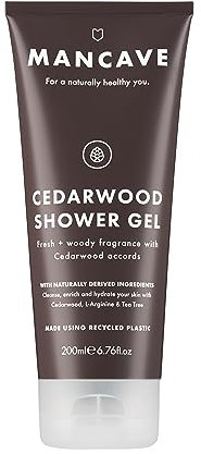 ManCave Cedarwood Shower Gel for Men, Fresh Woody Aroma with Eucalyptus and Pine Needle, Sulphate and Paraben Free, Natural, Vegan, Cruelty Free, 200 ml