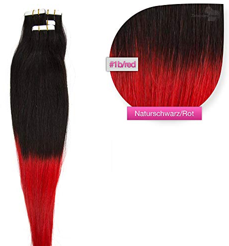 Tape Extensions Ombré Echthaar Haarverlängerung 50cm Tape In Haare mit Klebeband 40 Tressen x 4 cm breit und 2,5g Gewicht pro Tresse Farbe #1b/red
