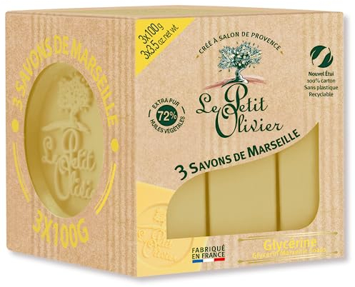 LE PETIT OLIVIER - 3 Savons De Marseille - Glycérine - Parfum De La Région De Grasse - Nettoient La Peau En Douceur - Fabriqué en France - 3x100g