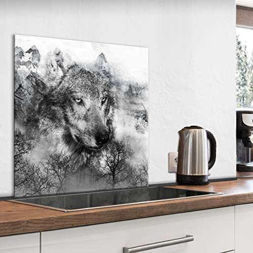 murando Glass Splashback for Kitchen Backsplash Cooker Protector Tempered Glass Decorative Wall Art Panel Heat Resistant Graphic 60x60 cm / 24x24 Animal Wolf Black Grey g-A-0212-aq-a