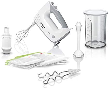 Bosch MFQ364V0 Ergomixx - Batidora de mano con sistema de vacío, 450 W, bomba de vacío, bolsas y cajas, batidora, color blanco