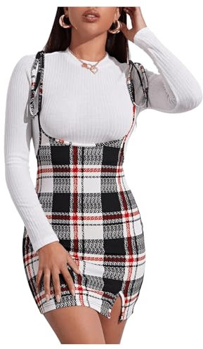 Floerns Women's Plaid Overall Tie Shoulder Cami Bodycon Mini Dress Black and Red XL