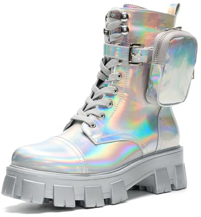 Cape Robbin Women's Combat Boots - Ankle Booties with Side Zipper, Pouch, Chunky Platform & Lace-Up Design (Monalisa) - Holographic 10