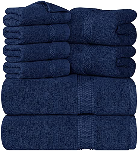 Utopia Towels - 8 teilig Handtücher Set aus Baumwolle mit Aufhänger - 2 Badetuch, 2 Handtücher und 4 Washclappen - (Marine Blau)