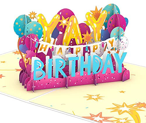 Lovepop® 3D Pop-Up Karte Geburtstag Happy Birthday Geburtstagskarte mit Ballons und buntem Schriftzug | inkl. Umschlag & Versteckfach für Geld & Gutscheine