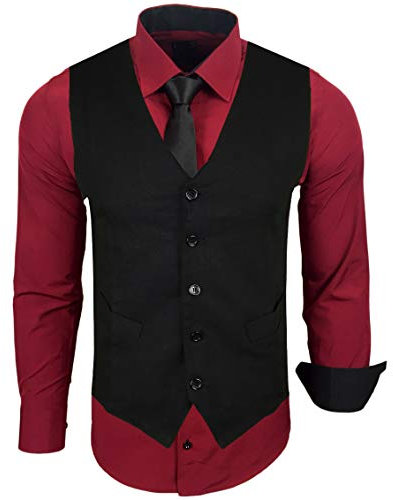 Baxboy Herren Hemd mit Weste Krawatte Anzugs Sakko Business Hochzeit Freizeit Hemden Frack Herrenweste Set wählbar B-44-HWKR, Farbe:Bordo, Größe:4XL