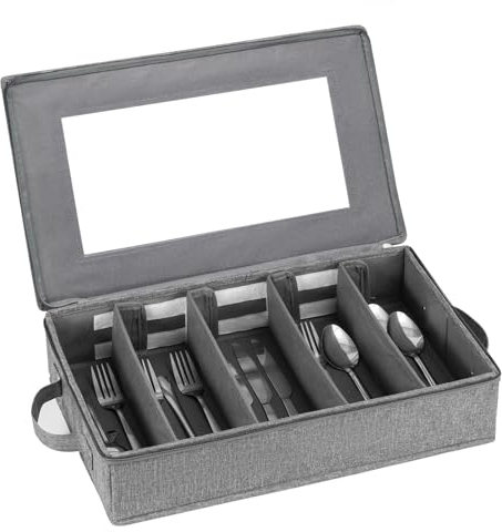 Flatware Utensil Storage Case, Silverware Storage Box Chest with Adjustable Dividers, Cutlery Storage Holder with Zipper Lid for Organizing Cutlery, Flatware, Knives, Large Capacity Gray