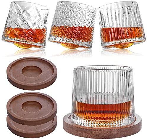 Lot de 4 verres à whisky rotatifs à l'ancienne avec dessous de verre en bois - Pour scotch, bourbon, liqueur et cocktail, rhum, bar à whisky, scotch