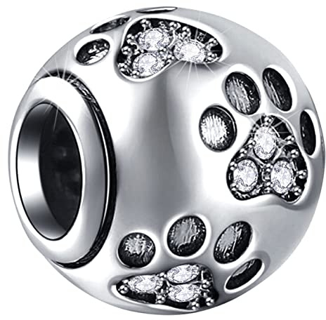 Jan-Dez Birthstone Paw Print Charms passen europäisches Armband, 925 Sterling Silber Haustier Katze Hund Pawprint Herz Fußabdruck Perlen mit Kristall wie Fußball Ball, Geschenke für Frauen/Männer