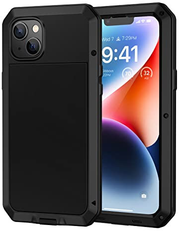 Lanhiem for iPhone 14 Case Heavy Duty Shockproof Cover Tough Armour Metal Case with [Tempered Glass Screen Film], 360 Full Body Protective Case Cover for iPhone 14 - Black