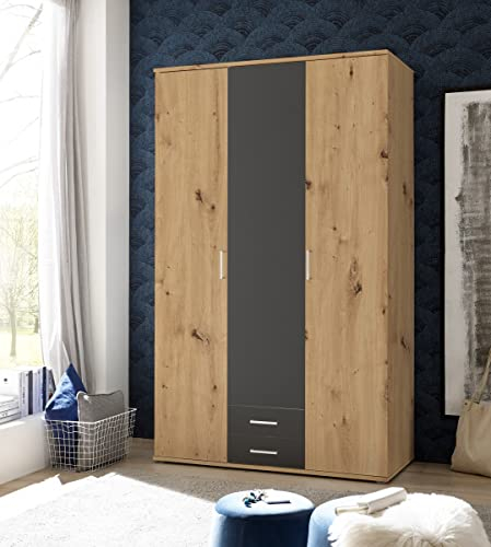 möbelando Kleiderschrank Marburg in Artisan Eiche/Graphit mit 2 Schubladen und 3 Türen. Abmessungen (BxHxT) 120x196x54 cm