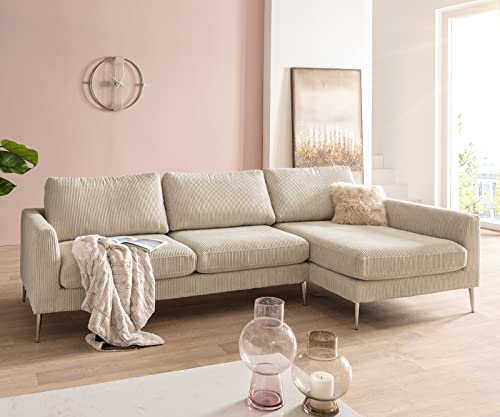 DELIFE Eckcouch Marla Cordstoff Cord Creme-Weiß 285x140 cm Recamiere rechts Ecksofa