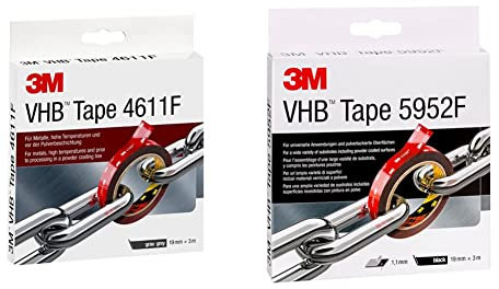 3M VHB 4611 Double Sided Adhesive Tape - Designed to create durable and reliable bonds - 19 mm x 3 m, Thickness 1.1 mm, Grey & 5952F Double Sided Adhesive Tape - 19mm x 3m, Thickness 1.1mm, Black