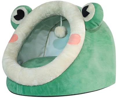 Jiupety Niedliches Katzenbett, Innen, schönes Kristallsamt-Iglu für Katze, warmes Höhlen-Schlafnest für Welpen und Kätzchen, grüner Frosch, S