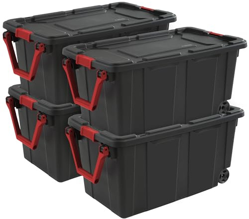 Sterilite 4-Pack Industrial Tote, Heavy-Duty Storage Bins w/Lids and Wheels, 40 Gallon - Stackable Organizing Containers for Home, Garage, Office, and Basement