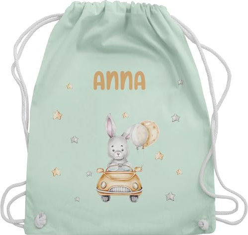 Turnbeutel Rucksack - Tiere - Hasenmotiv Baby Hase süß Bunny Rabbit Häschen Rennfahrer - Unisize - Pastell Grün - kindergarten kita baumwolle beutel personalisierte geschenke hasen stoffbeutel