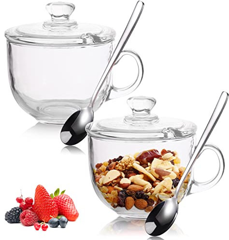 OULOVECO Glass Cereal Bowl Clear Oatmeal Bowl with Handle Spoon Clear Coffee Mug with Lids Microwave Safe Milk Breakfast Yogurt Bowl for Dessert Beverage Tea,400ml/13.5 oz,Set of (Clear)