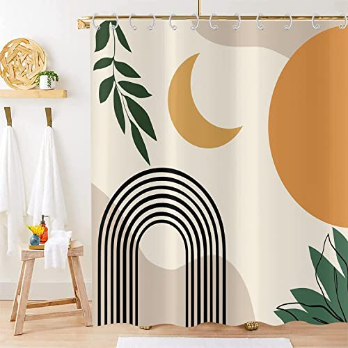 Hnmdmyi Rideau de Douche Boho 180x200, Mid Century Abstract Feuille Arc Soleil Lune Beige Rideau de Bain Moderne Minimaliste Géométrique Esthétique Art Imperméable Tissu Lavable Rideau de Bain