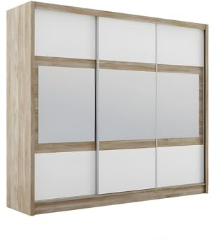 Vente-unique - Armario de 3 Puertas correderas con Espejo L250 cm Natural y Blanco - LEOVIA