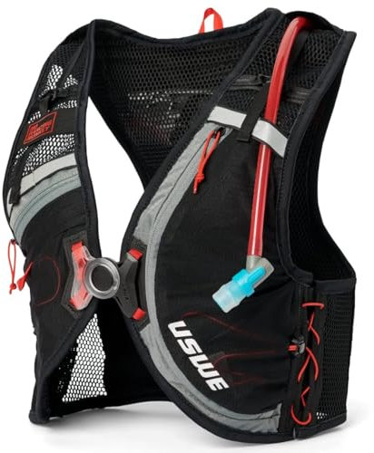 USWE Rush 8L Fahrrad-Trinkweste, verstellbare Brustgurte, Lauf-Trinkweste, 2,0 l Trinkblase, Mountainbiking, Gravel & Radfahren mit reflektierenden Details, Herren & Damen (Carbon Black, M)