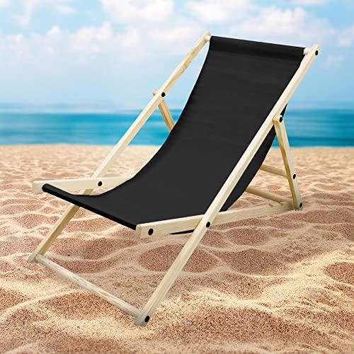ECD Germany Liegestuhl klappbar, Schwarz, aus Holz, verstellbare Rückenlehne, 3 Liegepositionen, bis 120 kg, Sonnenliege Gartenliege Strandliege Strandstuhl Holzklappstuhl, für Garten, Balkon & Strand