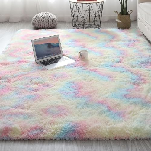VanderHOME Rechteckig Teppich Weich und Flauschig LangflorModern Teppiche Langer Plüsch-Teppich Dicker Plüschteppich fürs Wohnzimmer Schlafzimmer Teppiche Regenbogen-120 * 160cm
