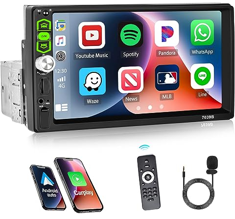 CAMECHO Autoradio 1 Din con Carplay e Android Auto, Auto Radio Stereo con 7 Pollici Schermo con Bluetooth, Radio FM, SWC, Collegamento Speculare + Telecamera di Retromarcia & Mic