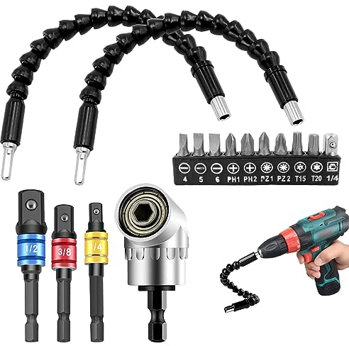 AMDZGLB Winkelaufsatz 16 Stück Winkelschrauber Set, 105 Winkel bithalter, Winkelaufsatz für Akkuschrauber, Adapter Sechskant 1/4 3/8 1/2, für Akkuschrauber, Bohrerverlaengerung Bauarbeiter, Garage