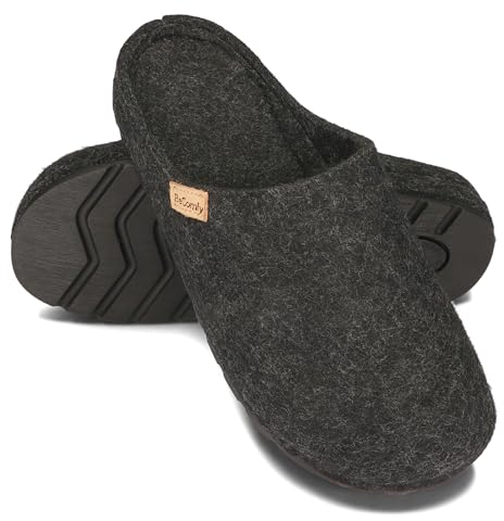 BeComfy Damen Herren Filz Hausshuhe mit Fußbett Unisex-Pantoffeln aus natürlichem Wollfilz Feste Sohle 36-46 EU (Schwarz, 43)
