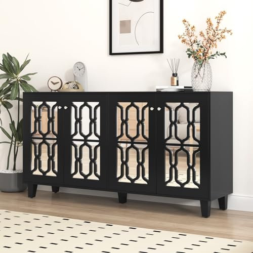 KnSam Sideboard Schwarz, Verspiegelte Anrichte mit Kühlen Kristallgriffen, Vier Türen, mit Beweglichem Laminat, Beistellschrank für Wohn- und Esszimmer, 160 x 40 x 84cm