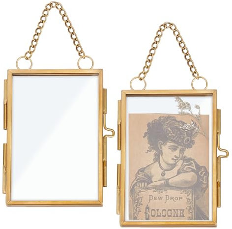 OLYCRAFT 2 Stück Mini Fotorahmen Zum Aufhängen An Der Wand Doppelglas Bilderrahmen Mit Kette Messing Klapprahmen DIY Vintage Kunstwerk Präsentationsrahmen Für Gepresste Blumen Dekor - 9.2x6.1cm