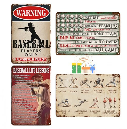 Baseball-Blechschild – 20,3 x 30,5 cm, Vintage-Metall-Wandkunst für Jungenzimmer, Baseballspieler-Geschenke, dekoratives Poster für Schlafzimmer, Spielzimmer, einzigartige Baseball-Themen-Dekoration