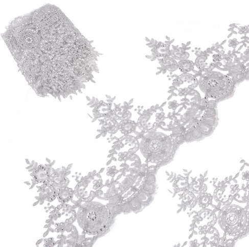 GORGECRAFT 3 Yard 23cm Breite Metaillic Venedig-Kantenbesatz Mit Pailletten Blumenstickerei Spitzenband Applikation Nähen Spitzenbesatz Blumenspitze Kronenrand Stoff Bestickt Brautschmuck (Silber)