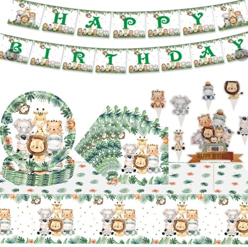 FTXanty Dschungel Safari Partygeschirr Set Einweggeschirr 78 Stück Papier Teller Servietten Torte Fahnen Dschungel Tischdecke Sicherheitsmaterial Babyparty Deko Junge Geburtstagsfeier Weihnachten