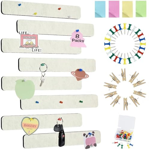 Vuzvuv 8 pcs Bulletin Board Bar Strips with 50 Pushpins & 10 Wooden Clip pins,Self Adhesive Cork Board for Wall,Felt Pin Board for School,Office Decor(Cream White)