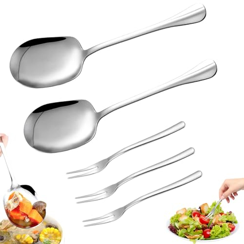 Getyjoe 5 Piezas Cucharas de Servir de Acero Inoxidable Cucharas para Servir Ensalada Cuchara Tenedor para Servir para Buffet Cafeterías Hoteles Fiestas