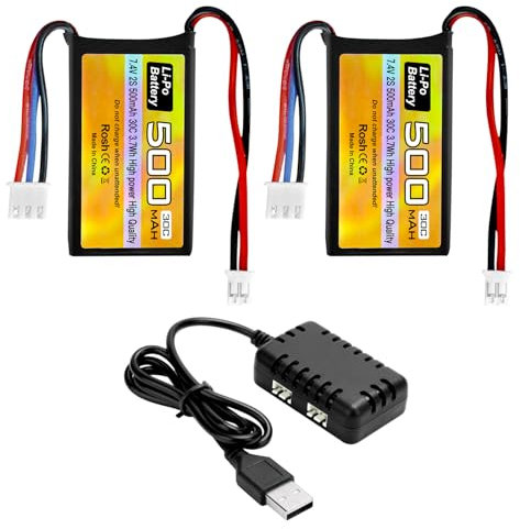 ZYGY 2PCS 7.4V 500mAh 30C Lipo PH2.0 Plug Battery con 2-in-1 Charger Adatto per AX24 SCX24 Remote Control Vehicles, Most 1/10, 1/16, 1/18, 1/24 Proporzionale Telecomando Modello Camion Batterie