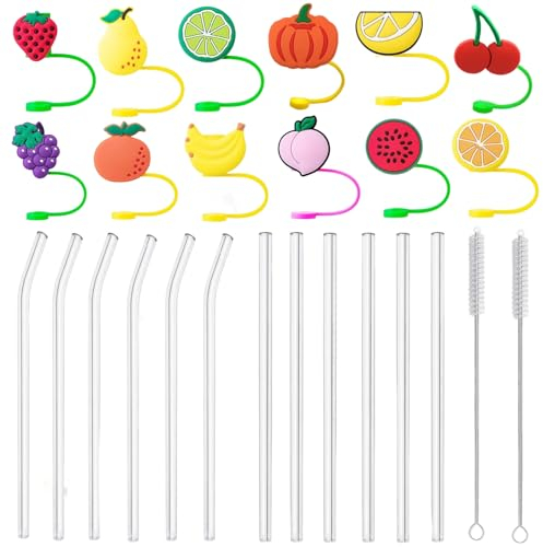 Alihoo Glas Strohhalme mit Trinkhalm Abdeckung,Transparent Trinkhalme Glas,6 Lange Gerade+6 Gebogene Strohhalm+12Silikon Obst Trinkhalm Spitzen (Früchte)