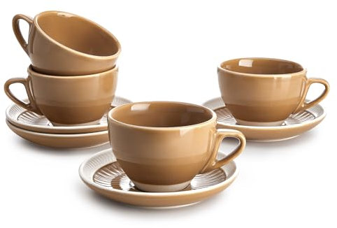 Sweese 6 Ounce Cappuccino Cups with Saucers, Porcelain Double Espresso Cups Set of 4 - Yellow