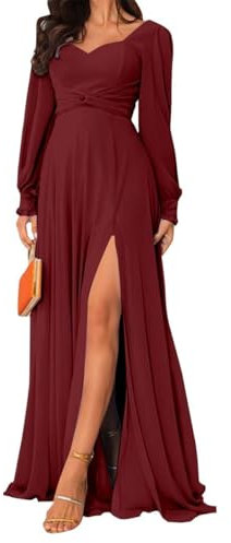 HPPEE Burgundy Bridesmaid Dresses for Wedding Long Sleeve Formal Dress with Slit A Line Chiffon Mother of The Bride Evening Gown UK12